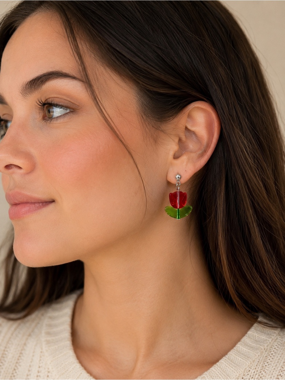 Tulip Dangle Earrings Lucite Acrylic Floral Silver Tone Post Red Green Silver